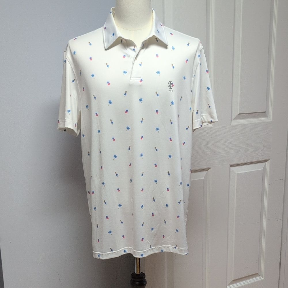 Izod White Polo Hula Girls Pineapples Palm Trees Reds/Blues Silky Sheen Size L